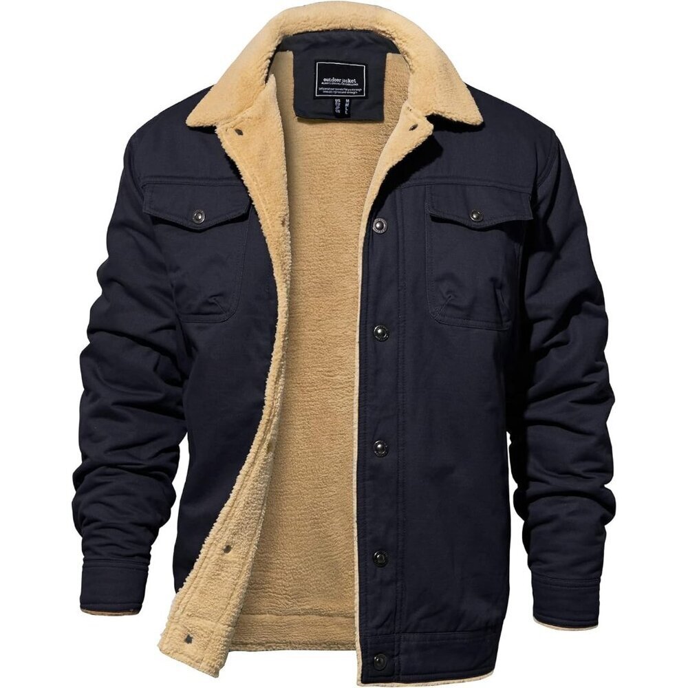 Men's Navy Winter Thick Thermal Cotton Warm Fleece Lined Coat Cargo Jackets